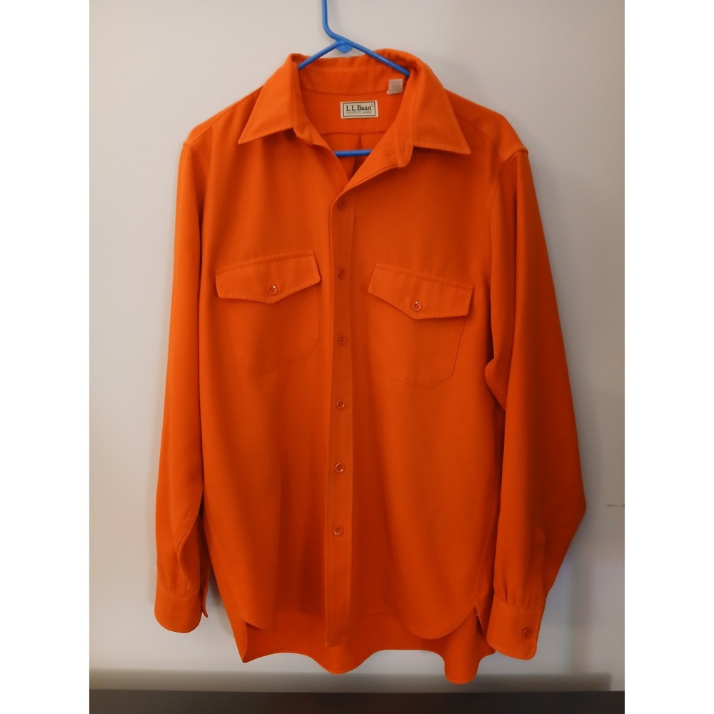 Vtg 80s LL Bean Blaze Orange Hunting Field Shirt Mens L 16 16.5 Made in USA Poly